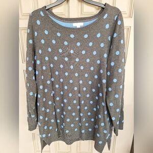 Charter Club Sweater Plus Sz0X Gray/Blue Polka Dot Long Sleeve Knit Cotton Blend